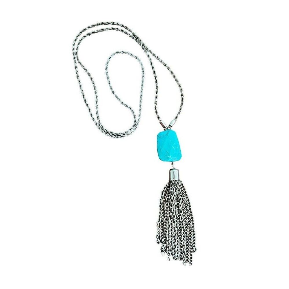 Faux Turquoise Lariat Tassle Necklace Silvertone Rope Chain 31" Long Plus 5" Dro